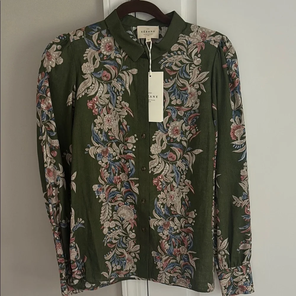 Sezane Green Linen Floral Print Blouse - Picture 1 of 1